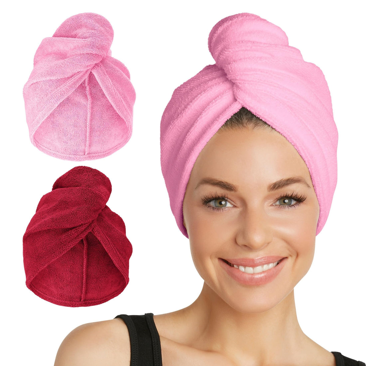 Turbie Twist front view showing two-color pack and quick-drying benefit