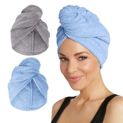 Turbie Twist two-pack front view showing grey and blue towels and packaging benefits quick drying