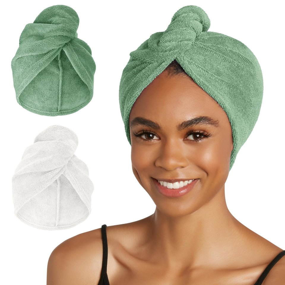 Turbie Twist front view of two-pack towels showing Kashmir and Frosted Mint colors and premium look