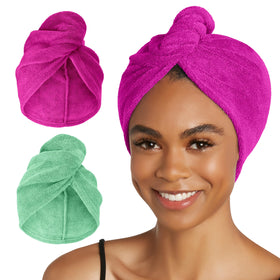 Turbie Twist front view of two-pack towels showing colors and packaging, convenient gift
