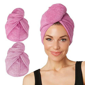 Turbie Twist front packaging showing two pink microfiber hair towels and benefits