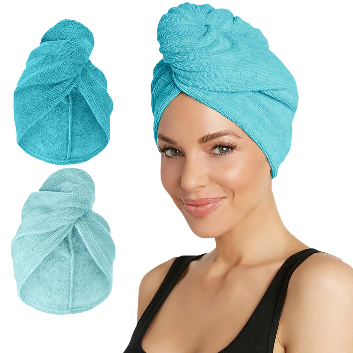 Turbie Twist front packaging showing two towels and color contrast benefit