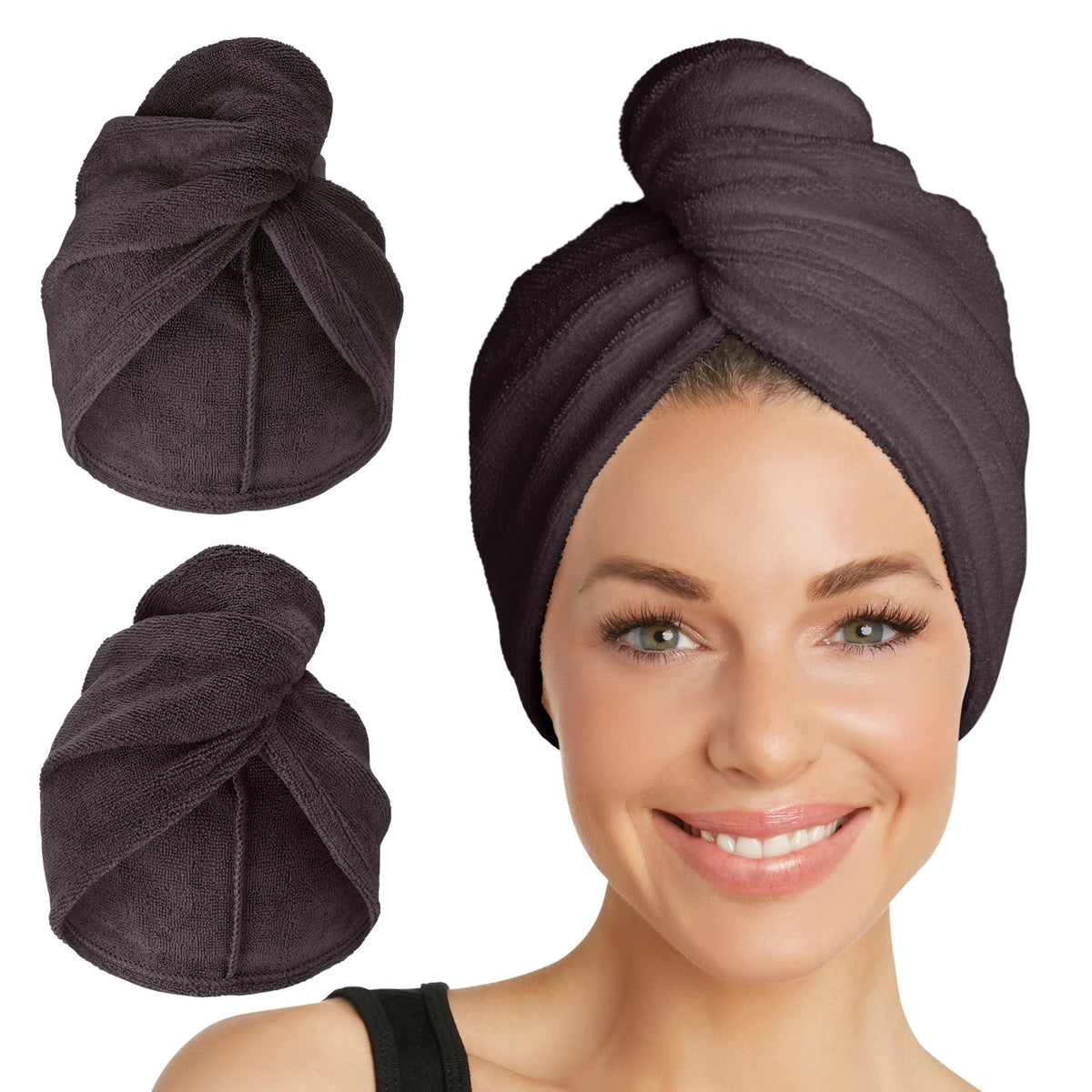 Turbie Twist front packaging showing two towels and benefits