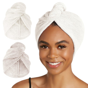 Turbie Twist front view of two towels showing colors and travel convenience