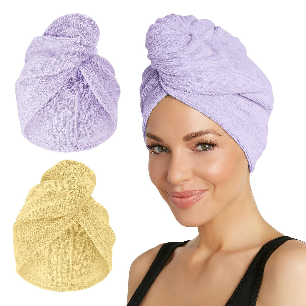 Turbie Twist front view of lilac and lemon towels showing colors and compact design for travel