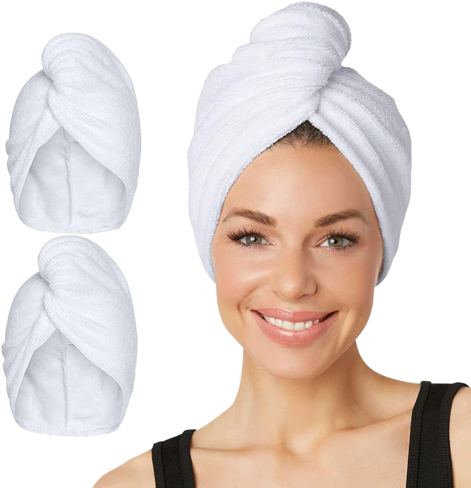 Turbie Twist front view of two white towel wraps showing packaging and clean design