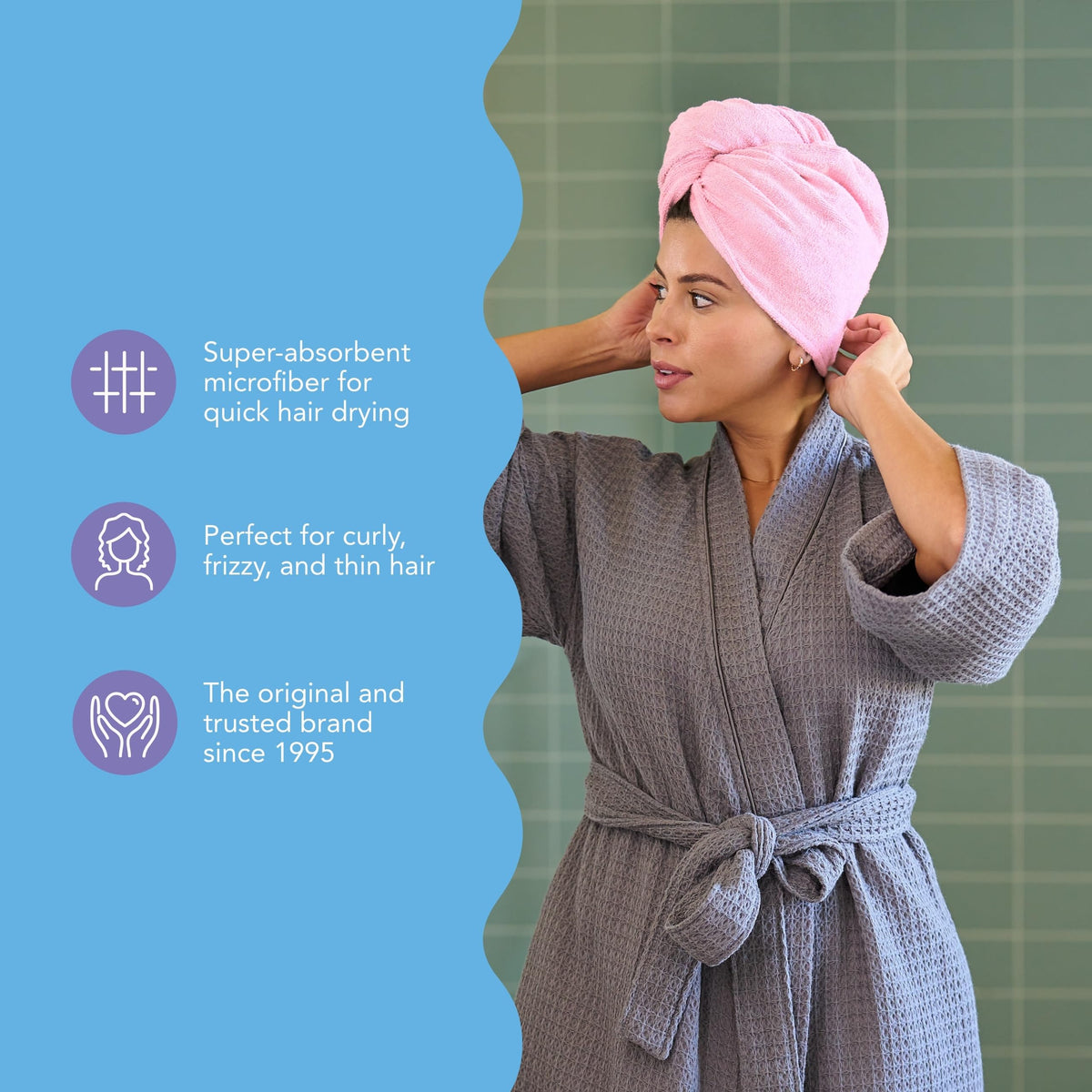Turbie Twist care label and fabric tag highlighting durable fibers