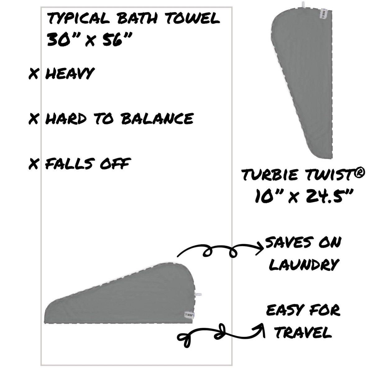 Care label on Turbie Twist showing machine washable instructions and low-maintenance care
