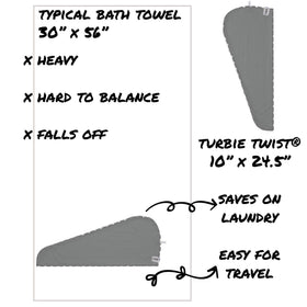 Care label on Turbie Twist showing machine washable instructions and low-maintenance care