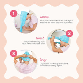 Turbie Twist worn by model drying hair while getting ready efficiently