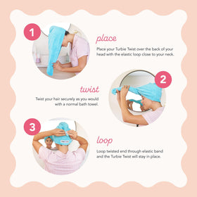 Model wearing Turbie Twist in bathroom, secure hold while styling hair