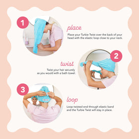 Turbie Twist on model wearing white turban for hands-free drying convenience