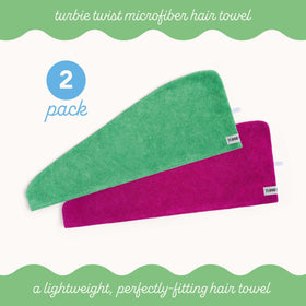 Turbie Twist model wrapping wet hair demonstrating secure fit and hands-free drying