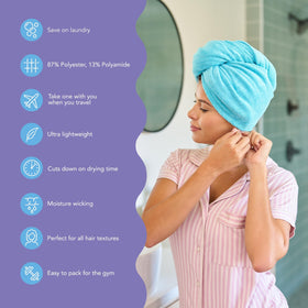 Turbie Twist wrapped on model showing secure hands-free drying benefit