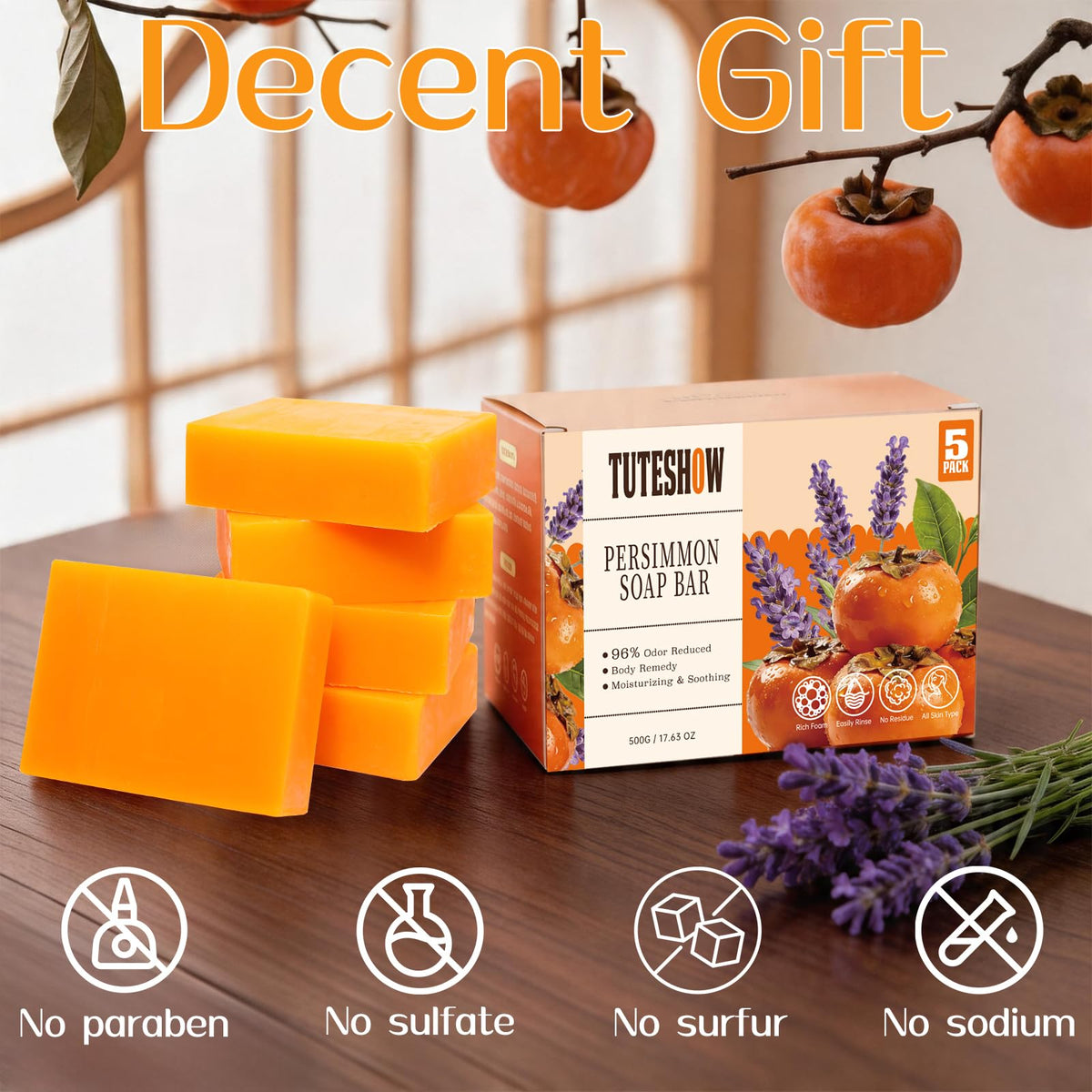 Tuteshow ingredient overlay with persimmon and green tea emphasizing natural deodorizing