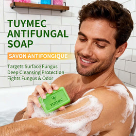 Tuymec in bathroom shower setting, ideal for daily antifungal hygiene