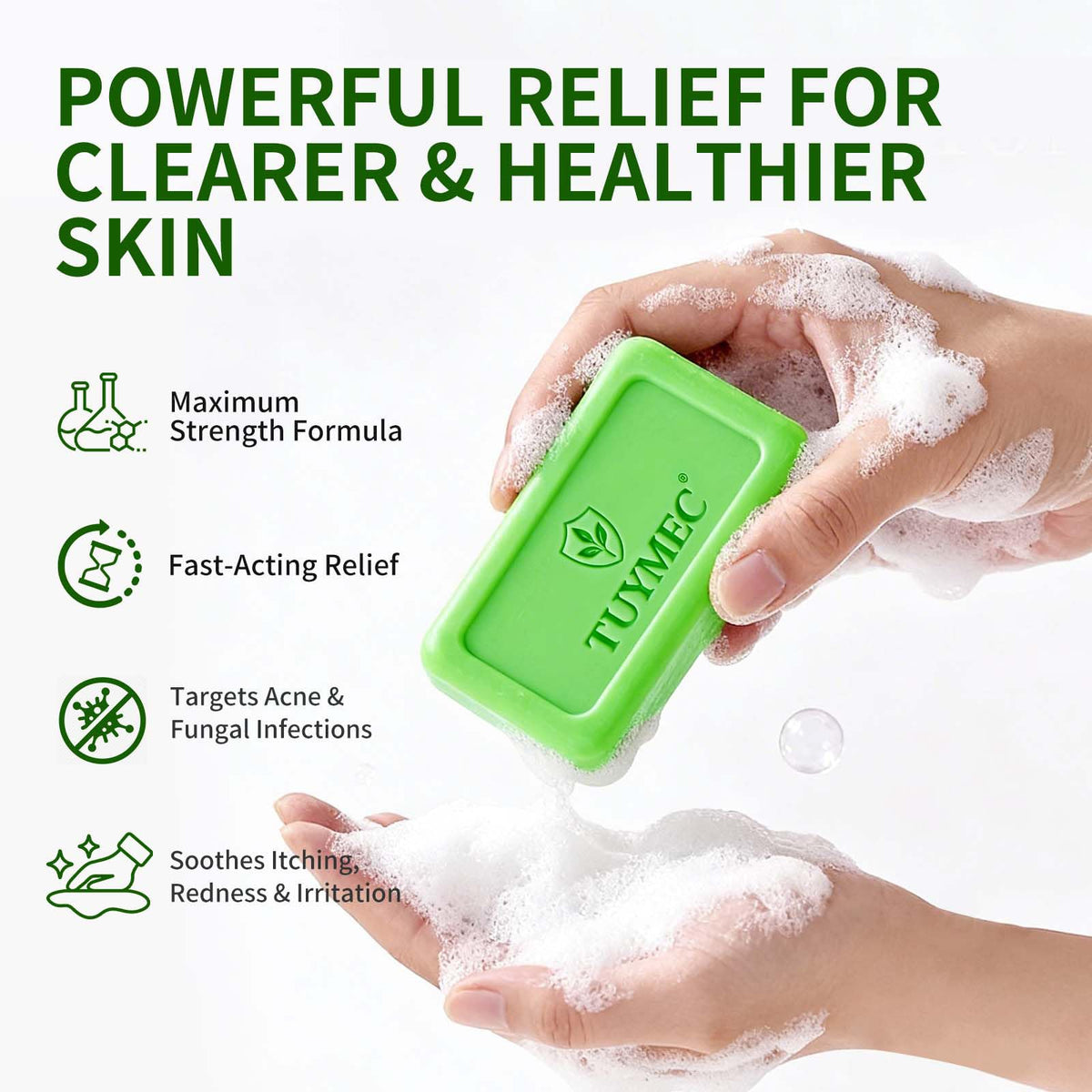 Tuymec soap lather in hand, foaming for effective skin cleansing