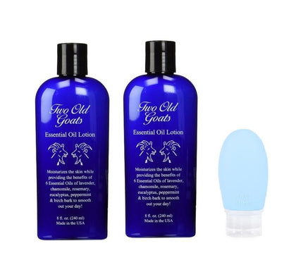 Two Old Goats front packaging showing dual 8oz bottles and exclusive pump for convenient travel