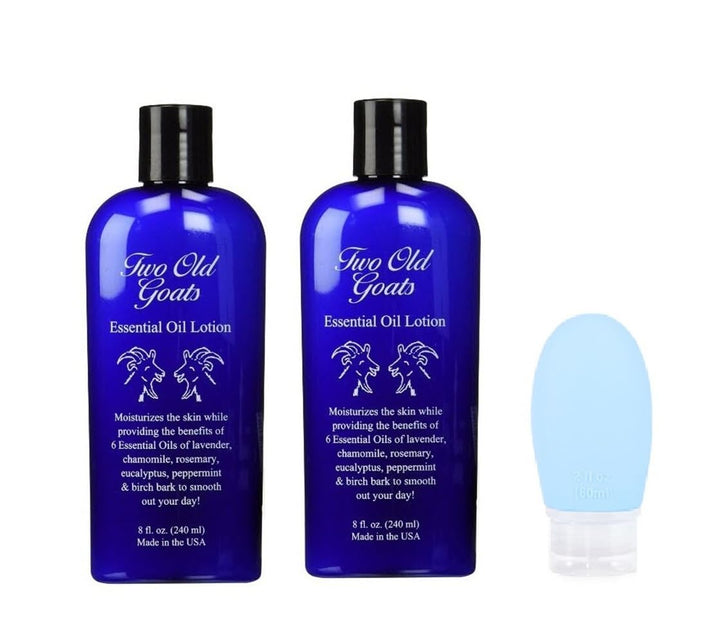 Two Old Goats front packaging showing dual 8oz bottles and exclusive pump for convenient travel