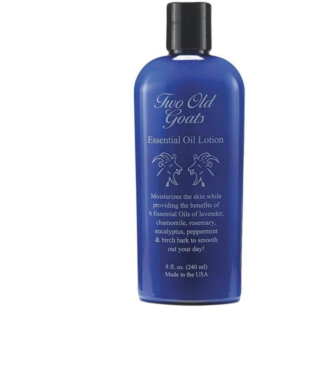 Two Old Goats lotion front packaging shows 8oz bottle and botanical benefit