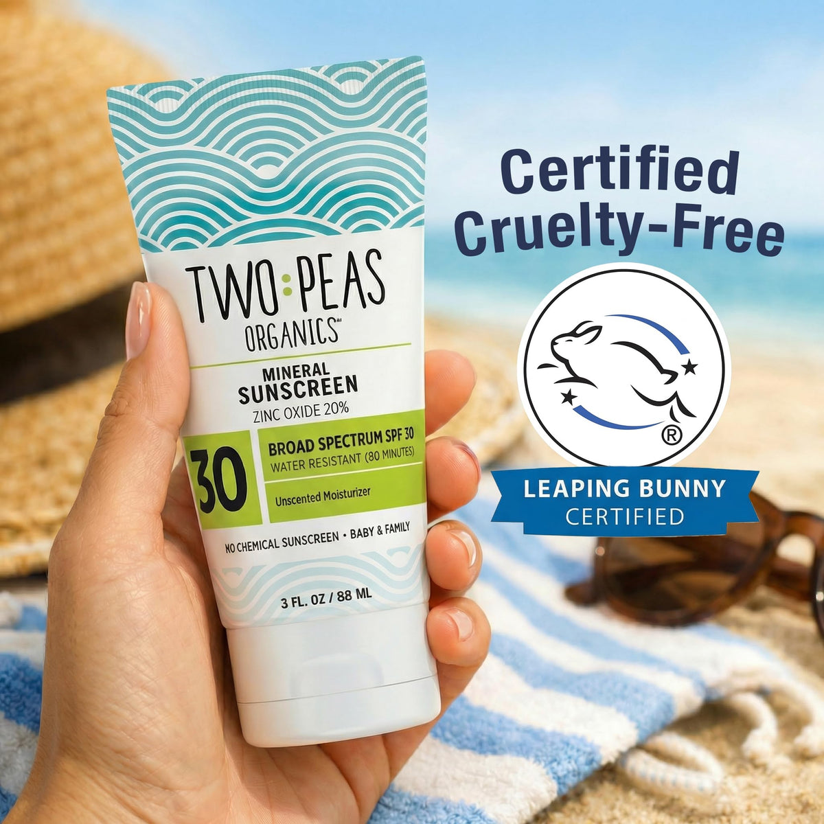 Two Peas Organics sunscreen applied on arm illustrating even coverage and non-greasy finish