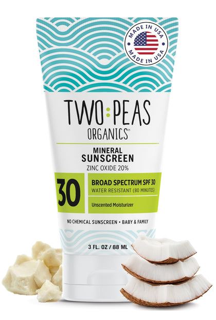 Two Peas Organics front packaging showing tube and SPF label for clear product ID and benefit