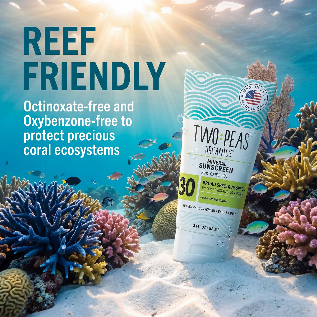 Two Peas Organics family applying sunscreen on beach showing reef-safe outdoor benefit