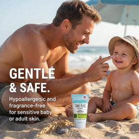 Two Peas Organics sunscreen on a swimmer by pool indicating water-resistant benefit