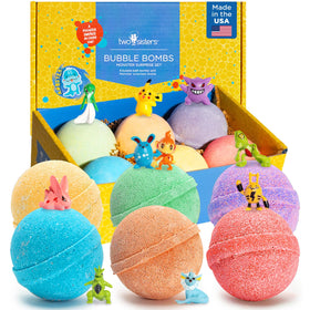 Two Sisters front packaging showing six colorful bath bombs and surprise toys