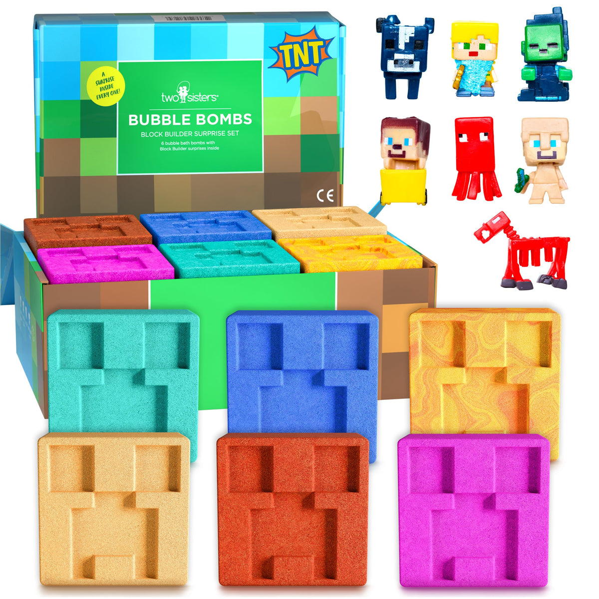 Two Sisters front packaging showing six colorful Creeper bath bombs and toys, appealing presentation