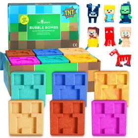 Two Sisters front packaging showing six colorful Creeper bath bombs and toys, appealing presentation