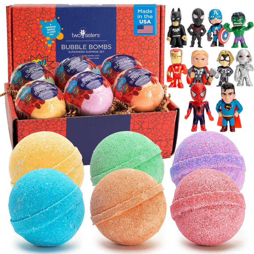 Two Sisters front packaging showing six colorful bath bombs and toys, great for gifting