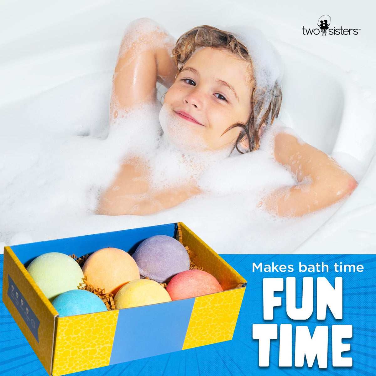 Two Sisters lineup of six fruity-scented bath bombs displaying scent variety