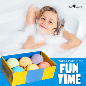 Two Sisters lineup of six fruity-scented bath bombs displaying scent variety
