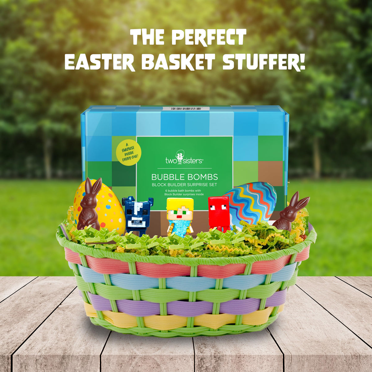 Two Sisters bath bombs arranged in an Easter basket, colorful gift-ready presentation