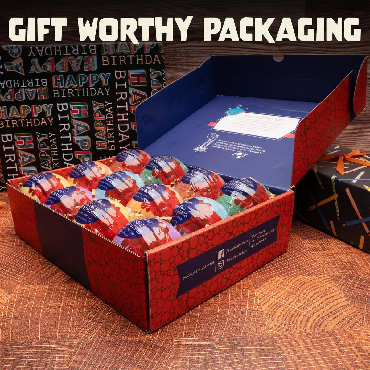 Two Sisters boxed gift packaging with 12 bombs ready for gifting occasions