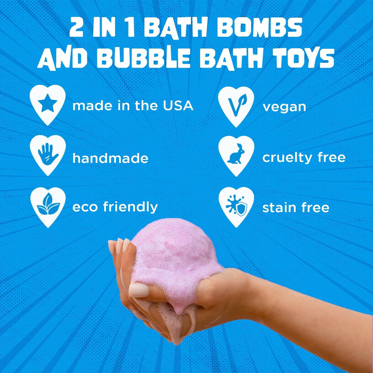 Two Sisters bath bomb held in hand showing large size and easy grip