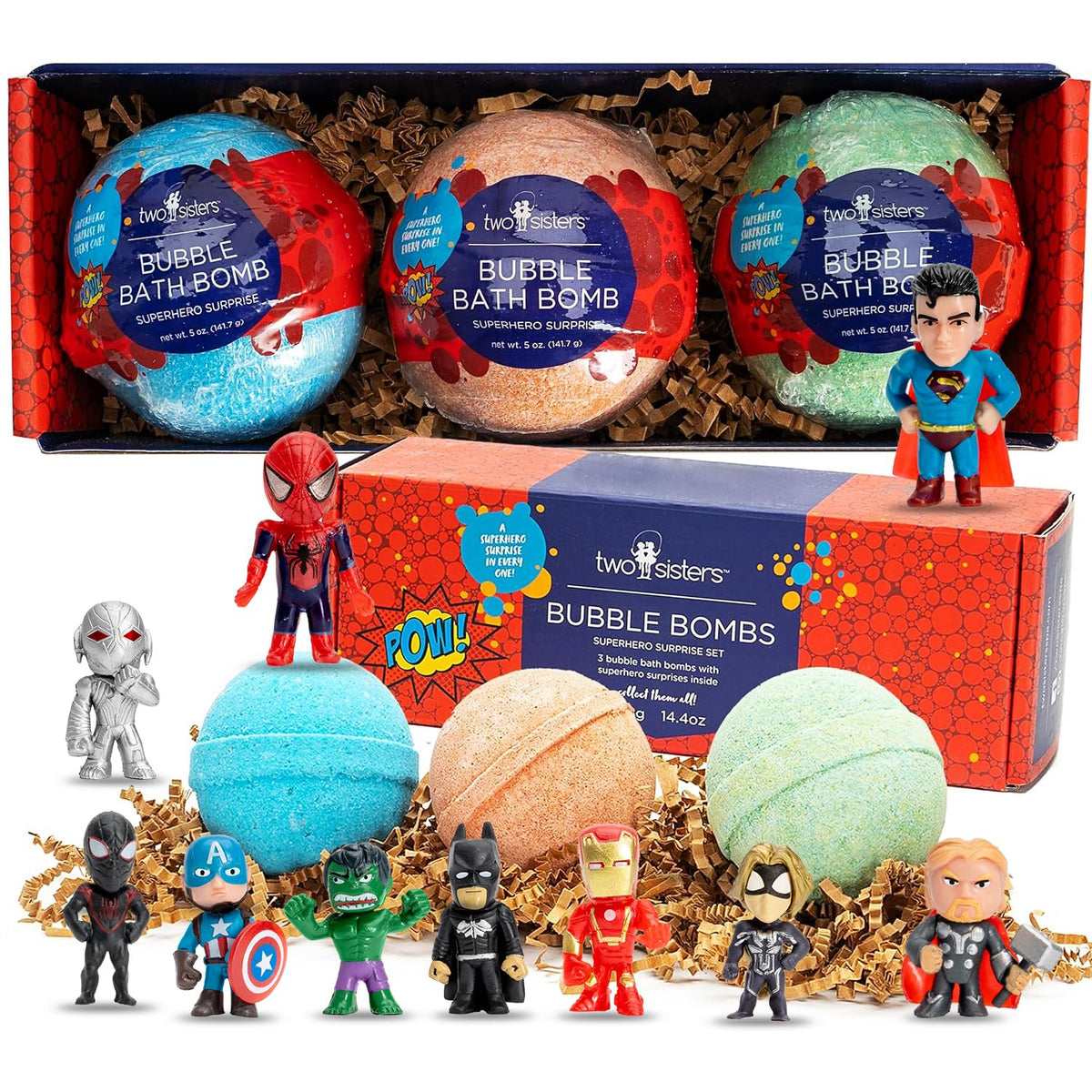 Two Sisters front packaging showing the 3-pack and superhero theme, great gift appeal