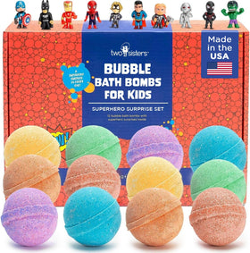 Two Sisters pack front showing 12 superhero bath bombs and fun gift-ready display