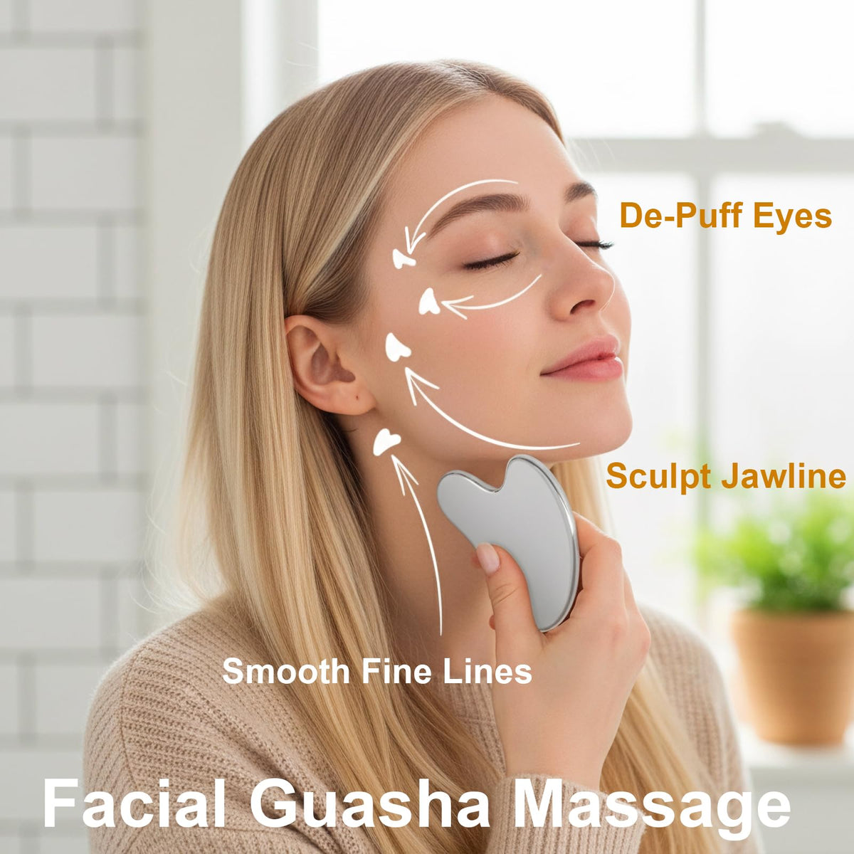 TWPER gua sha and brush in use along jaw and neck to reduce puffiness