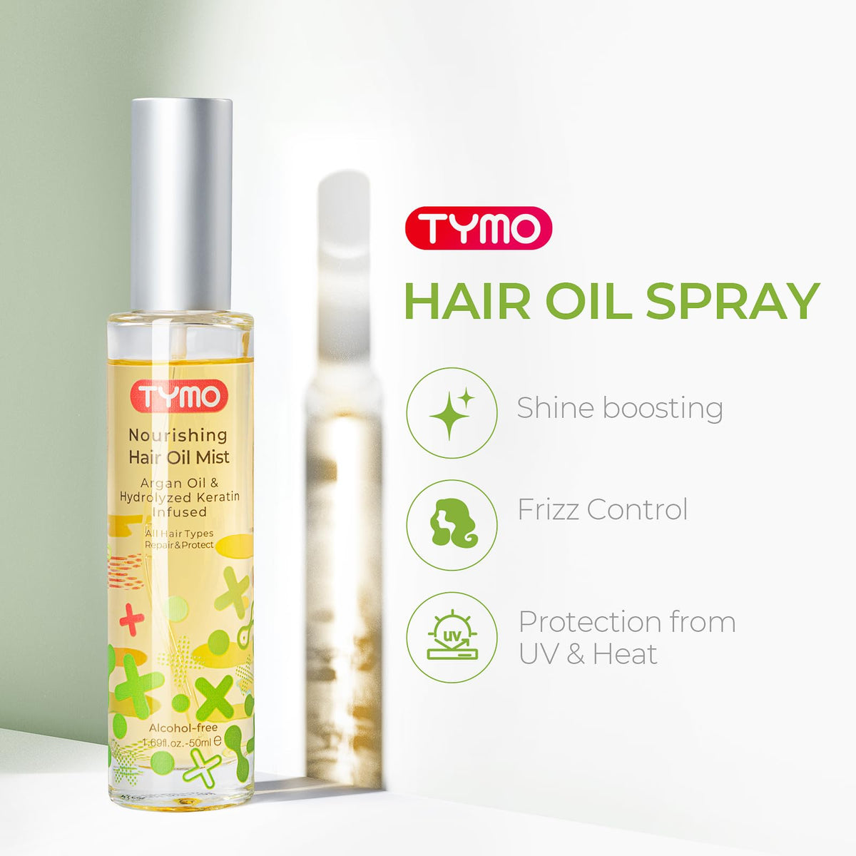 TYMO argan spray fine mist dispersing for even, non-greasy application