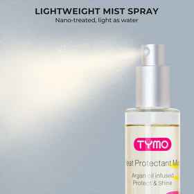 TYMO spray in use during styling demonstrating heat protection and frizz control