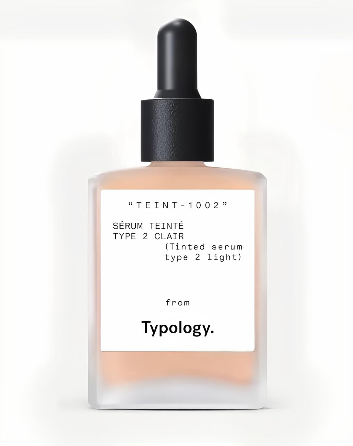Typology tinted serum front vial showing label and pump for easy application benefit