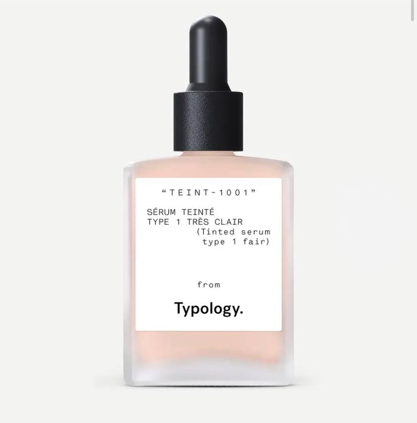 Typology tinted serum front bottle showing label and shade for fair skin, hydrates and evens tone