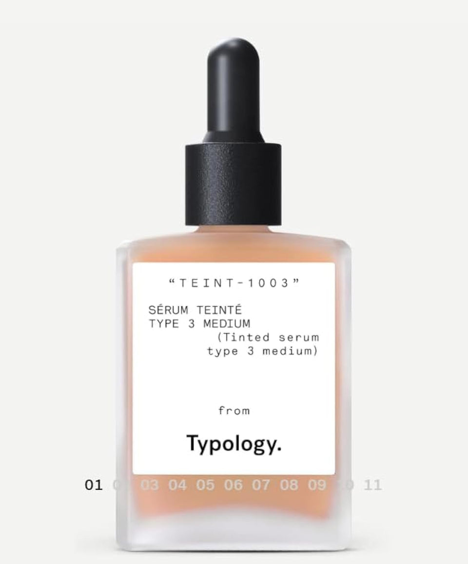 Typology front bottle showing label and medium shade for quick identification and convenience