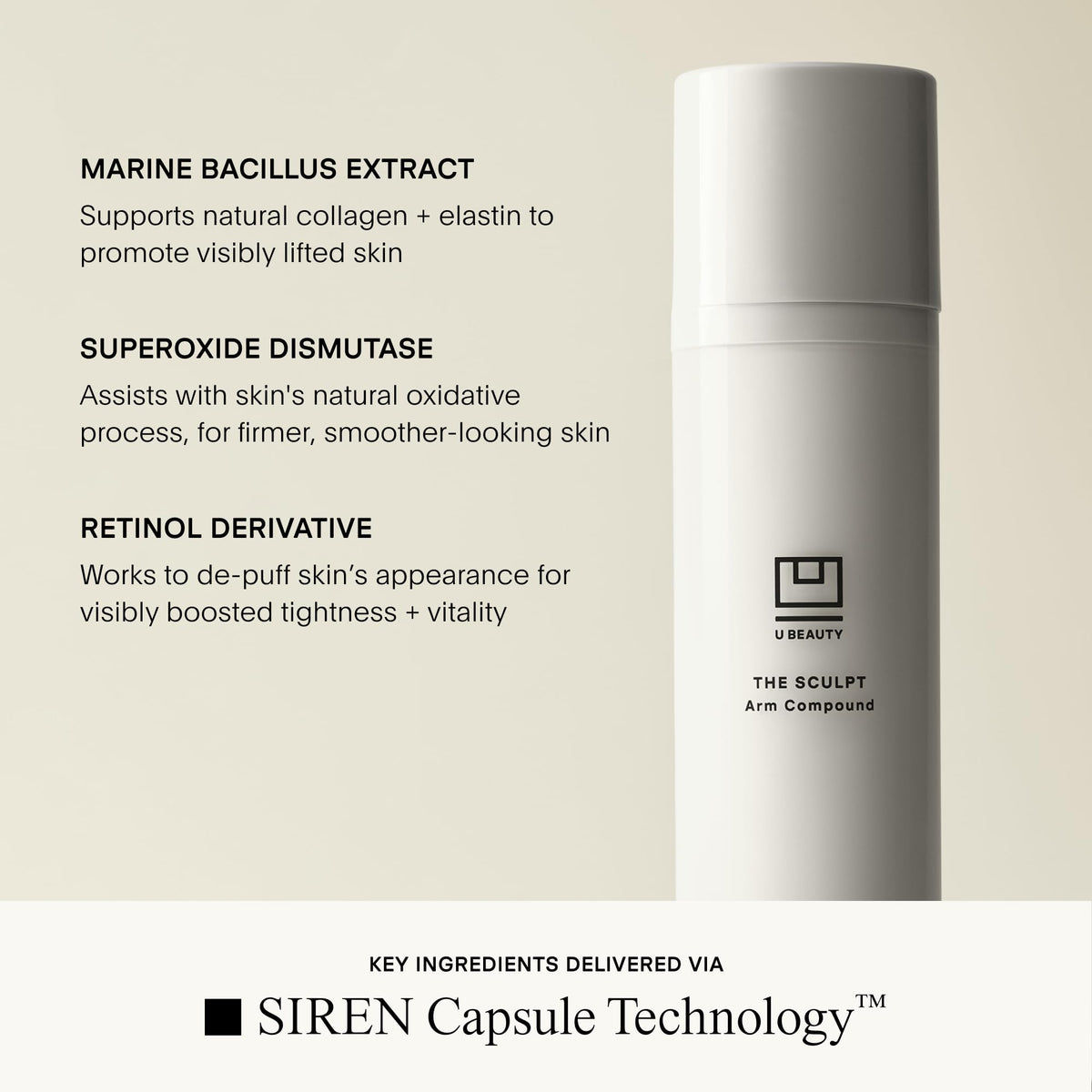 U Beauty cream being applied to upper arm demonstrating firming focus and improved appearance