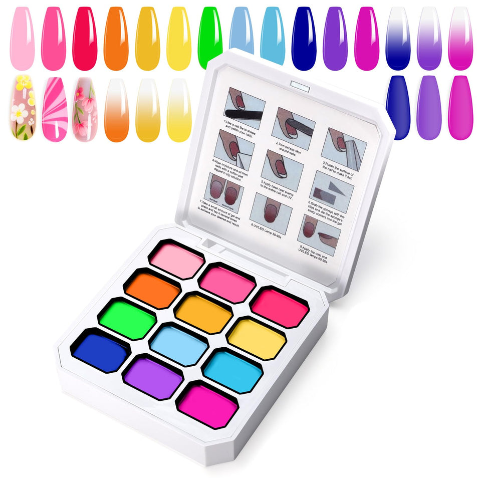U-Shinein front packaging showing 12-color gel kit and included tools for quick gradients
