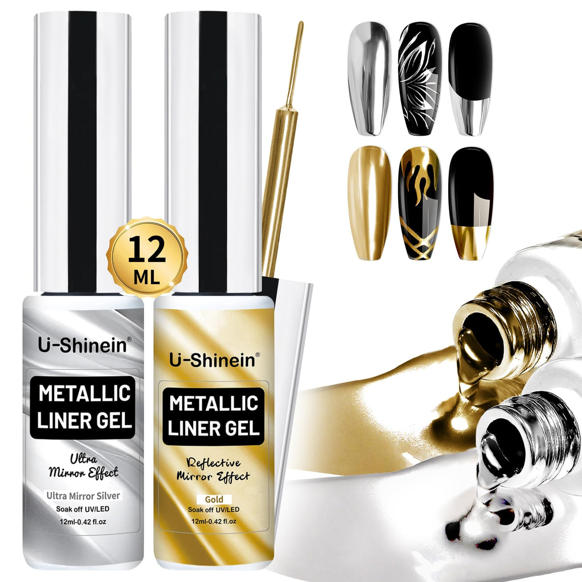 U-Shinein front packaging showing silver and gold liners and benefits of mirror finish