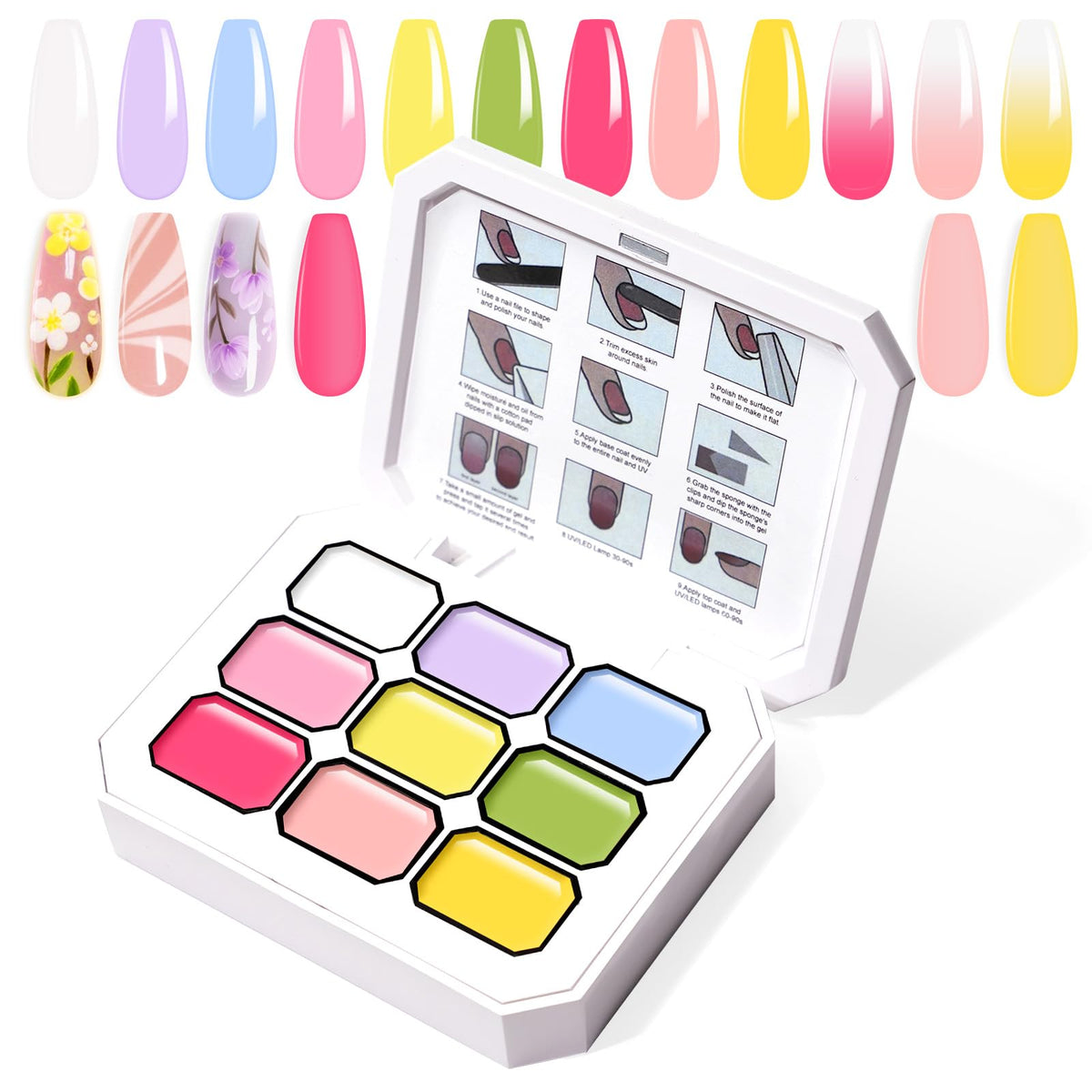 U-Shinein front packaging showing full 9-color gel palette and kit benefits