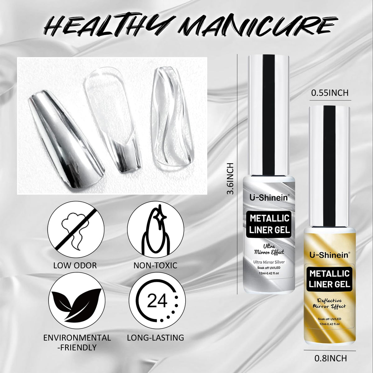 U-Shinein lifestyle shot of evening manicure highlighting reflective chrome accents